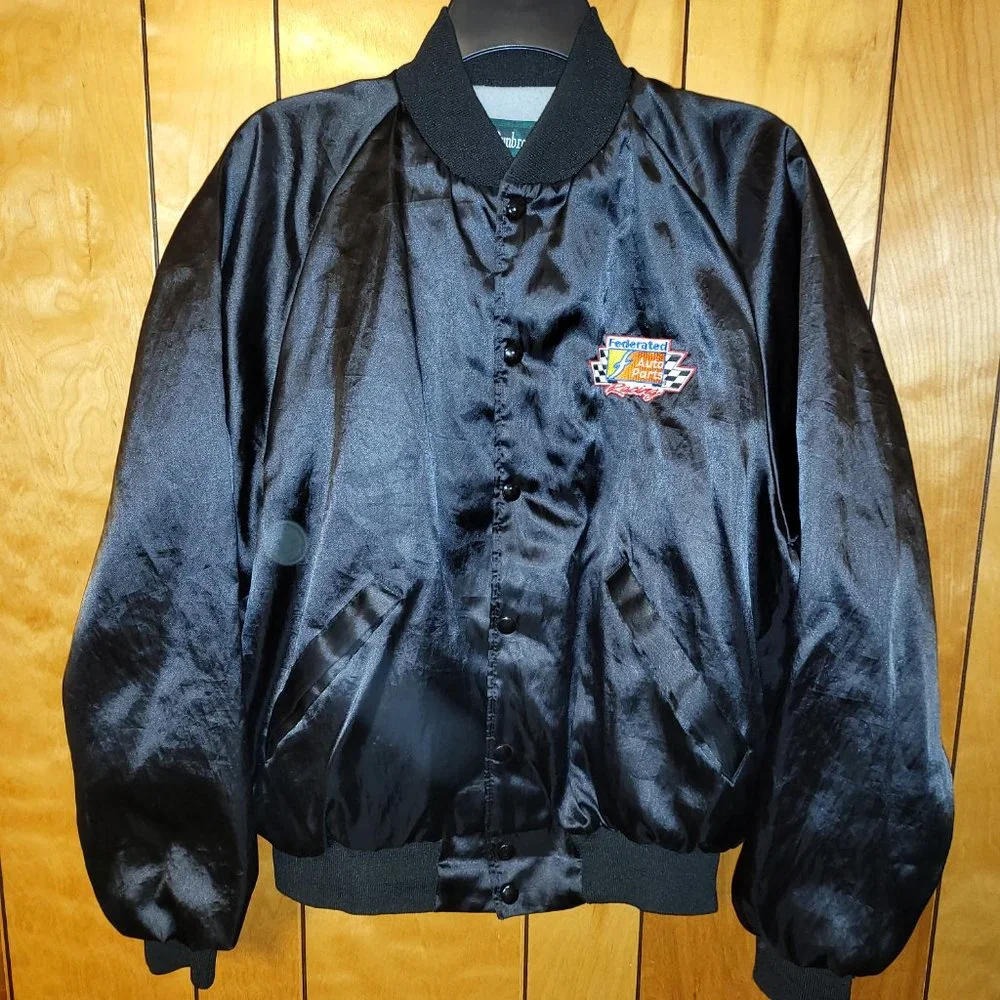 Vintage Federated Auto Parts Racing Jacket LARGE Snap Button BLACK Satin look A1 - Picture 8 of 8